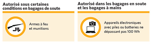 Autorisé sous certaines conditions en bagages de soute: Armes à feu et munitions. Autorisé dans les bagages en soute et les bagages à mains: Appareils électroniques avec piles ou batteries ne dépassant pas 100 Wh.